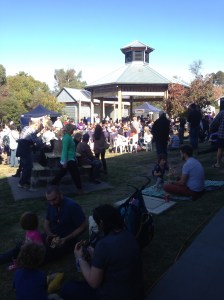 Start of children's section - local school playing in the rotunda, and food area